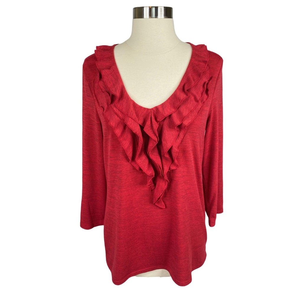 Rafaella Red Ruffle Front V-Neck Lightweight Blouse - Size Medium